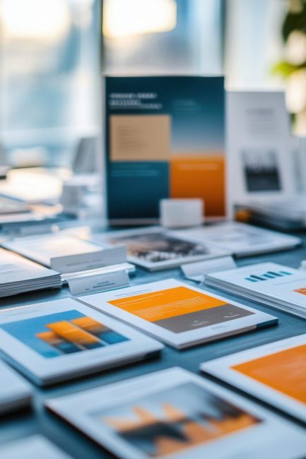 Printed product catalogs and marketing materials laid out on a conference table, Brand Identity, Building brand presence through tangible media